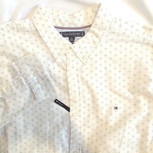 Tommy Hilfiger LS Button Shirt Mens XL Cream Blue TH Flex Cotton Slim Fit $79.50